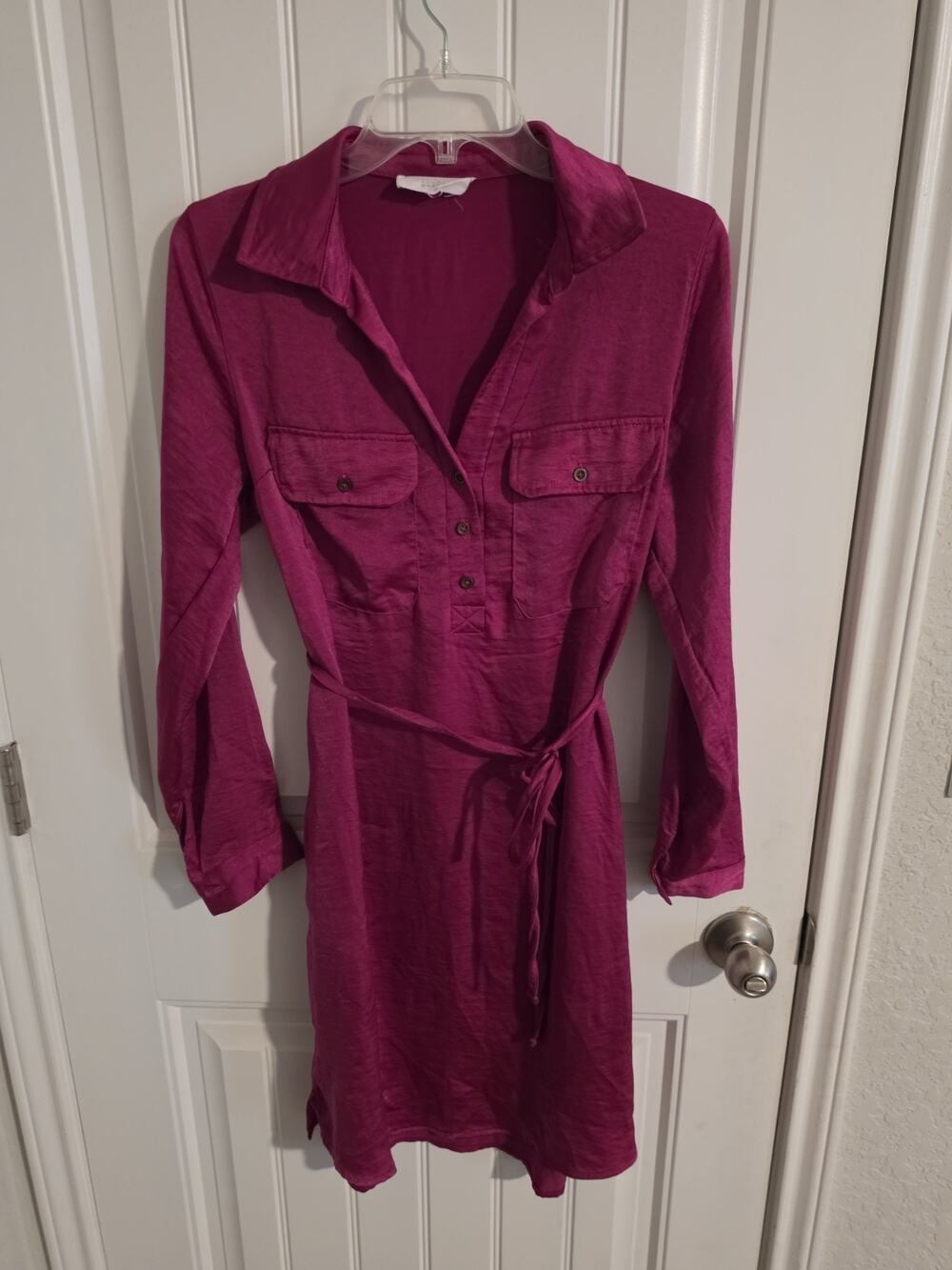 Lucky Brand Womens Pink Magenta Belted Shirt Dress Long Sleeve Utility Pockets